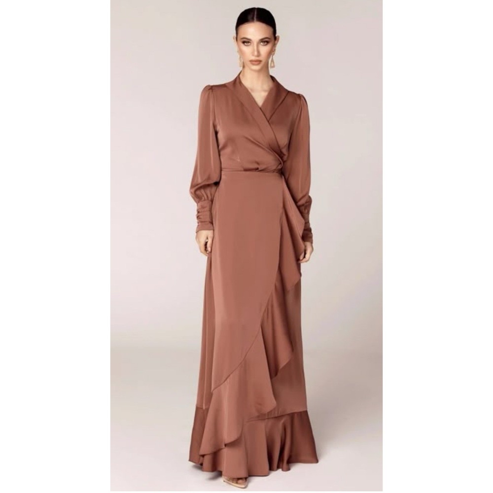 Long Sleeve Satin‎ Evening Gown Maxi Length Large Modest